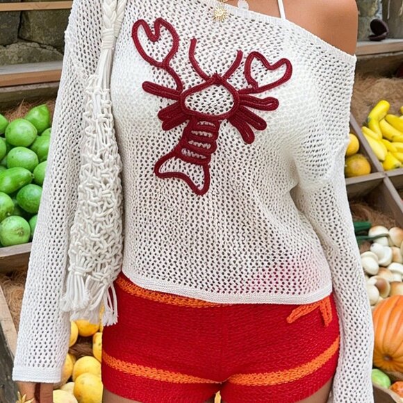 Red and White Casual Women's Oblique Shoulder Sweater with 3D Lobster Design - Picture 6 of 6